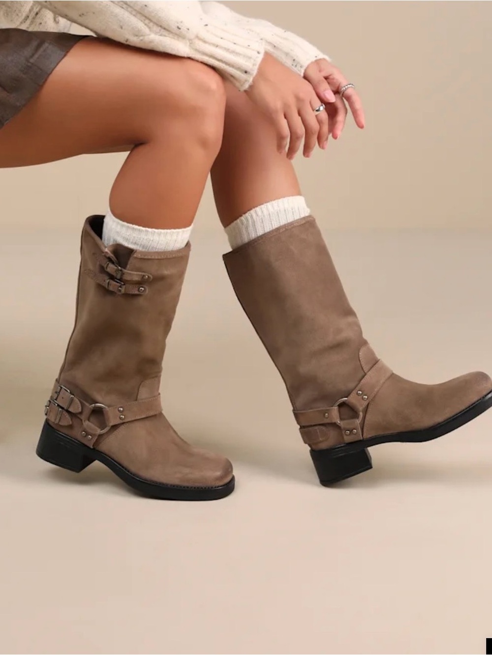 Steve Madden Astor Taupe Suede Leather Mid-Calf Moto Boots